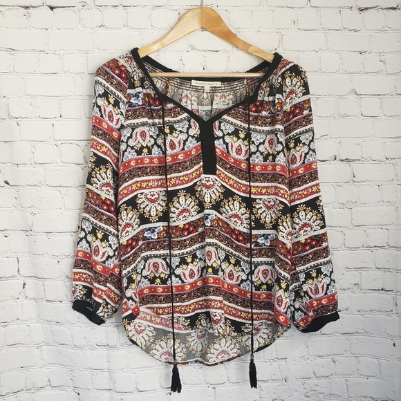 Daniel Rainn Boho Bohemian Flowy Tunic Top Geometric Hippie 70s Long Sleeve - Picture 10 of 10